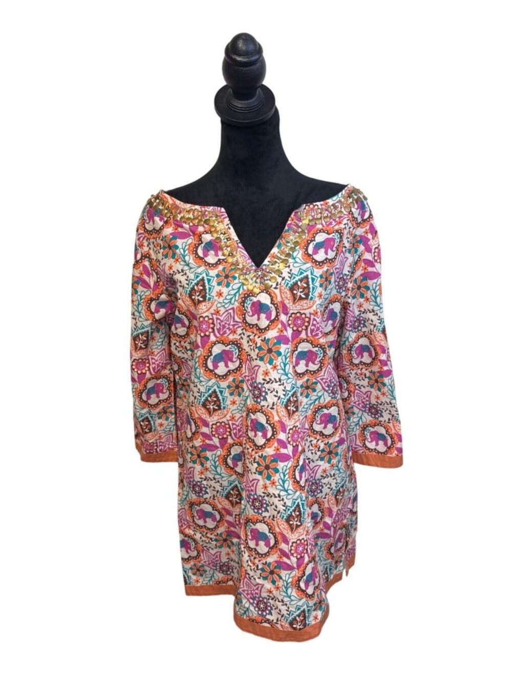 Women’s Boho Floral Medallion Tunic Top Beaded V Neck 3/4 Sleeve Resortwear